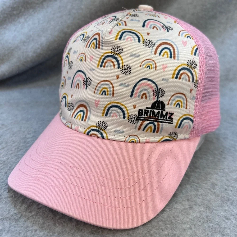 Rainbow Print Kids Pink Brimmz Trucker Hat Adjustable Snapback Size S